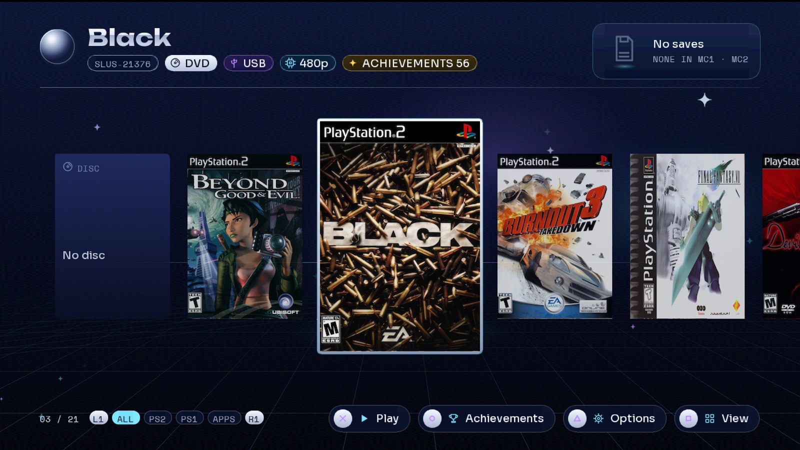 ORBIT's home screen: a carousel of PS2 game covers