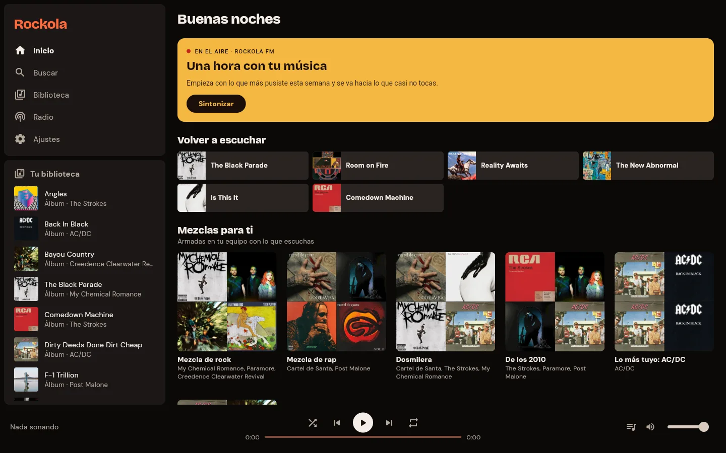 Inicio de Rockola web: la tarjeta de la radio, álbumes para volver a escuchar y las mezclas del día