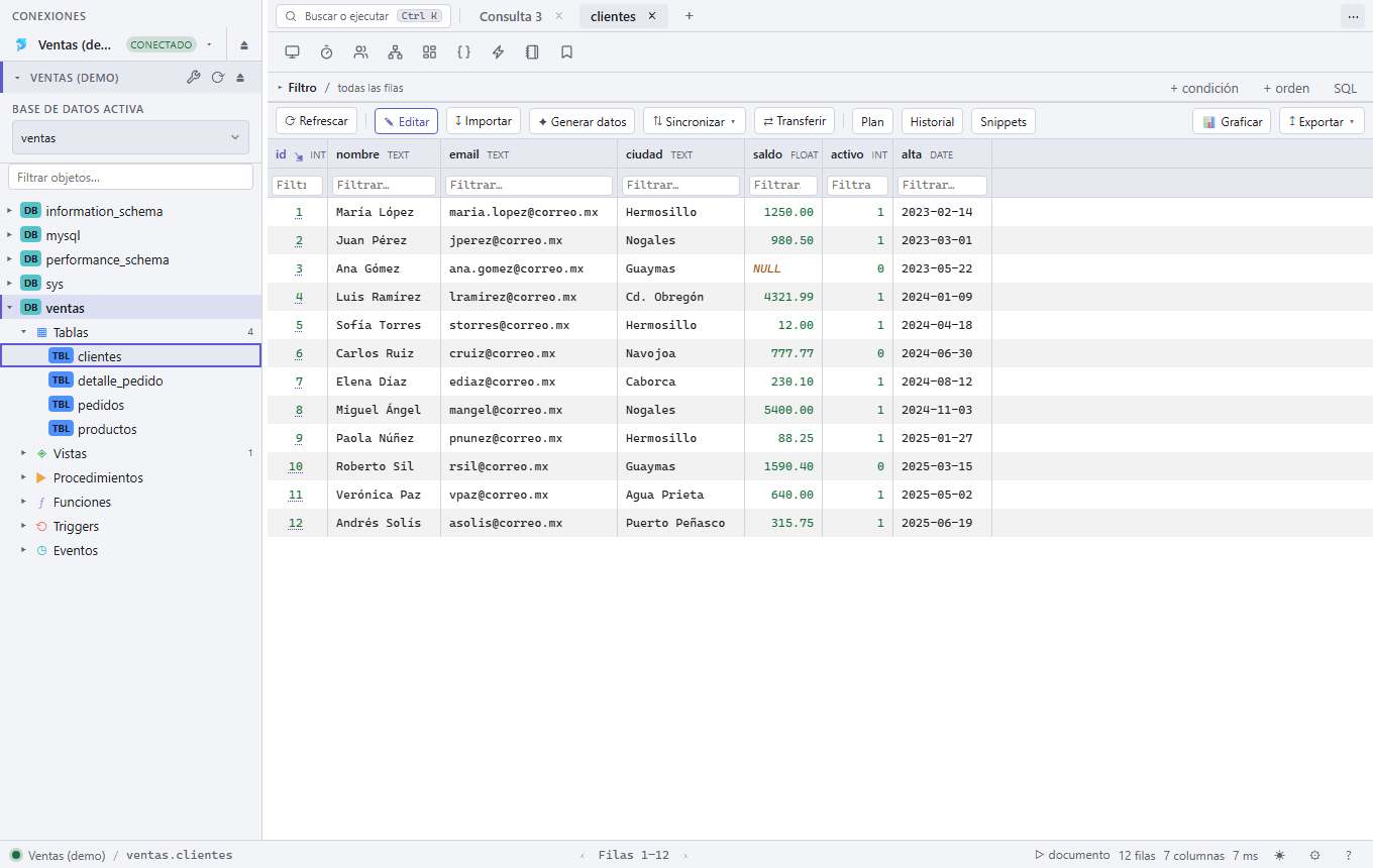 Squaero: explorador de objetos por tipo, editor SQL con resaltado y rejilla de resultados con datos tipados