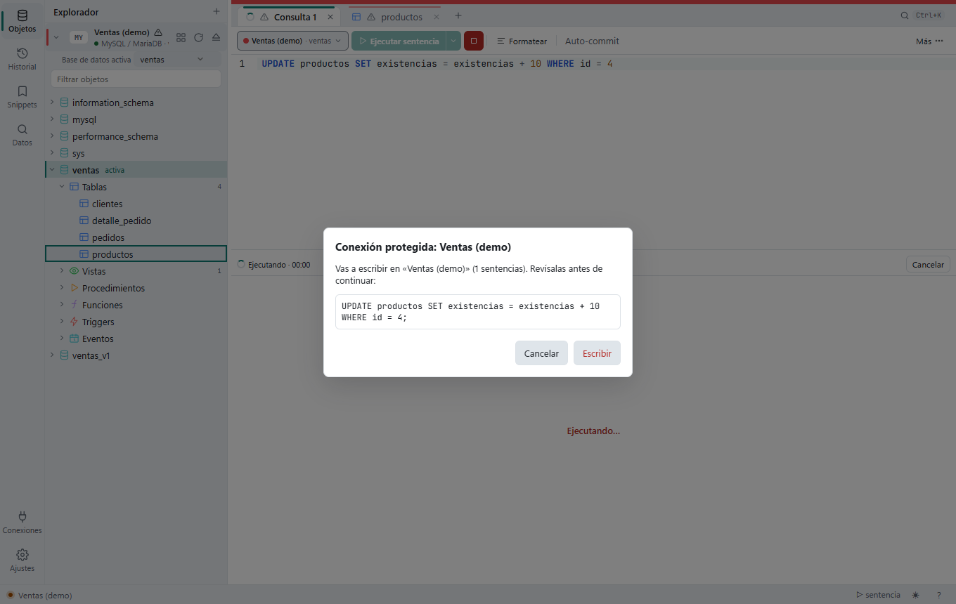 Conexión protegida, con la franja roja arriba: al ejecutar un UPDATE, el diálogo «Conexión protegida: Ventas (demo)» enseña la sentencia y ofrece Cancelar o Escribir